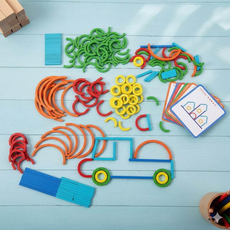 Montessori Wooden Creative Sticks and Rings Puzzle – Educational Toy for Kids (120 Pieces + 20 Double-Sided Cards)