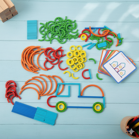 Montessori Wooden Creative Sticks and Rings Puzzle – Educational Toy for Kids (120 Pieces + 20 Double-Sided Cards)