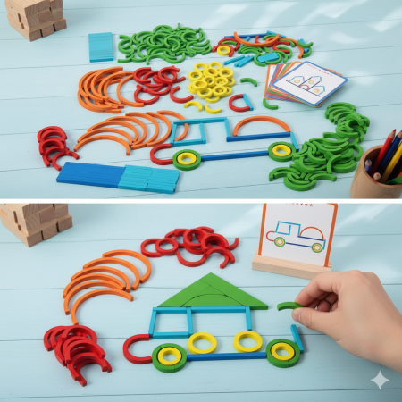 Montessori Wooden Creative Sticks and Rings Puzzle – Educational Toy for Kids (120 Pieces + 20 Double-Sided Cards)